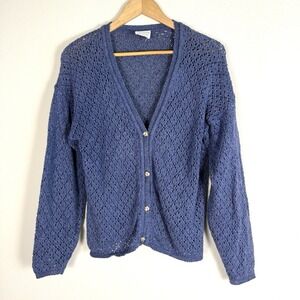 Open Crotchet Cardigan Blue Womens Medium Coastal Grandma Boho Vintage 90s Beach